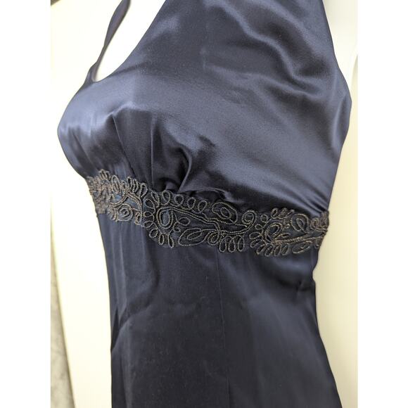 Navy Satin Beaded Halter Evening Gown Open Back Formal Maxi Dress Size 6 - Picture 4 of 9